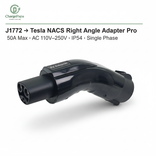ChargePapa Omni-Link Pro J1772 to Tesla NACS right angle adapter, 50A IP54 single phase, white background