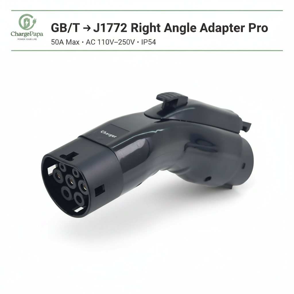 ChargePapa Omni-Link Pro GB/T to J1772 Type 1 right angle adapter, 50A IP54, white background