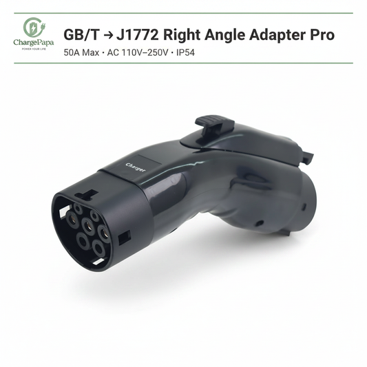 ChargePapa Omni-Link Pro GB/T to J1772 Type 1 right angle adapter, 50A IP54, white background