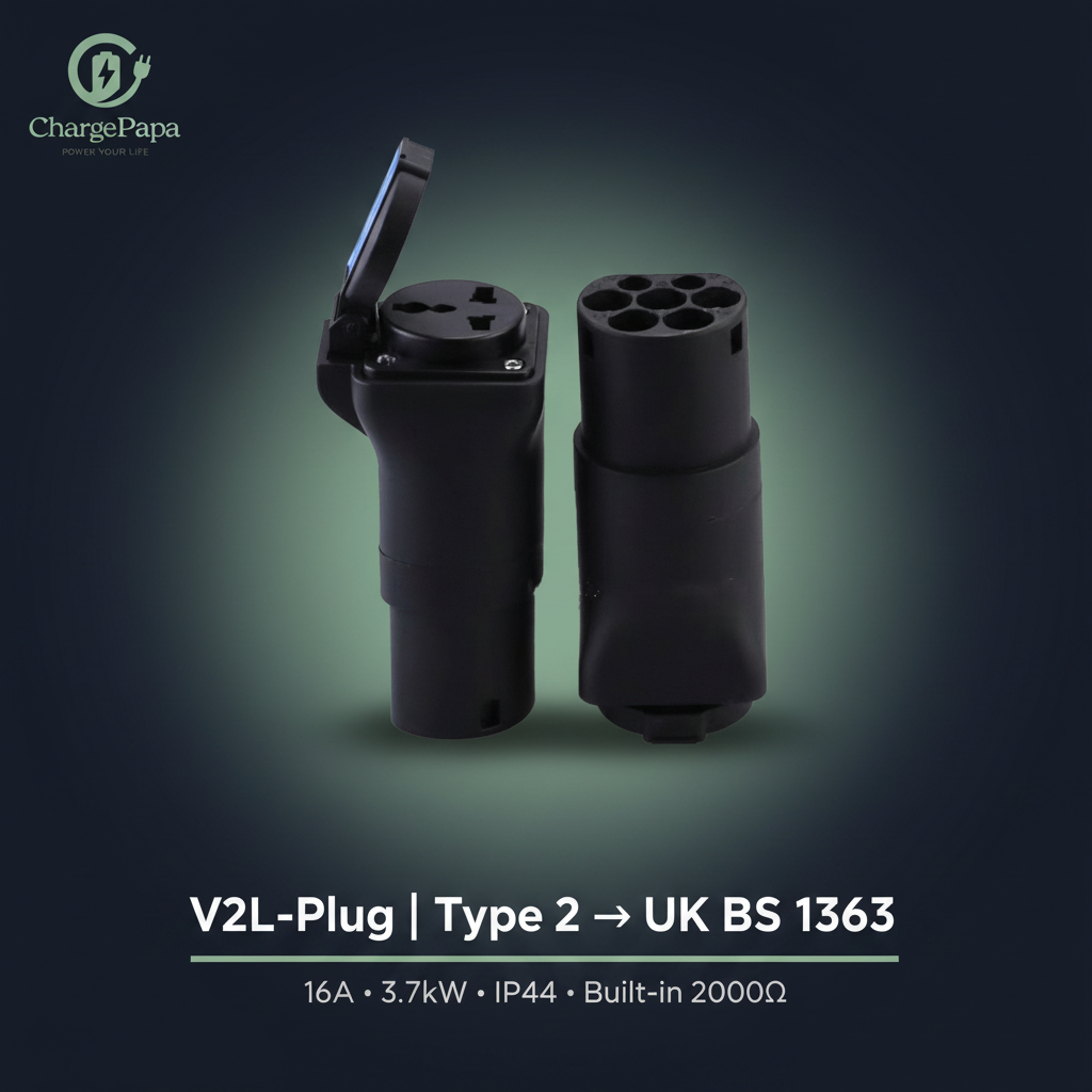 ChargePapa V2L-Plug | Type 2 to UK BS 1363 V2L Discharge Connector (16A / UK)