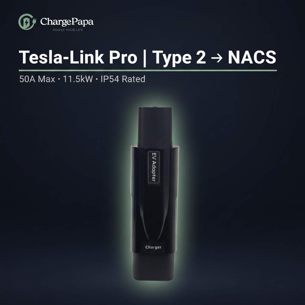 ChargePapa Tesla-Link Pro EV adapter dark background, Type 2 to Tesla NACS 50A 11.5kW AC