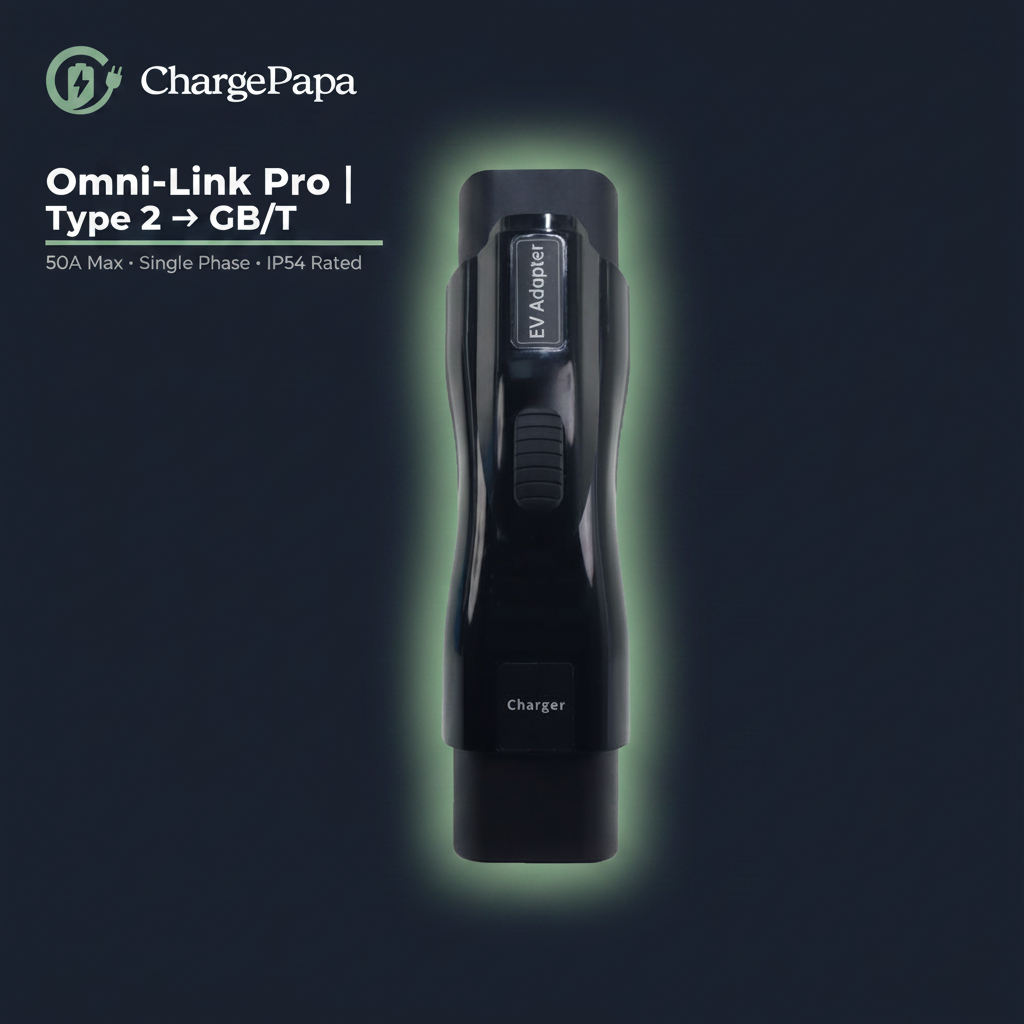 ChargePapa Omni-Link Pro EV adapter dark background, Type 2 to GB/T single phase 50A AC