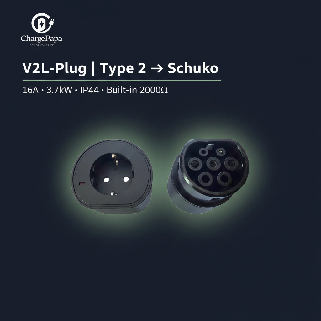 ChargePapa V2L-Plug Type 2 to Schuko CEE 7/4 V2L connector dark background, 16A 3.7kW built-in 2000Ω