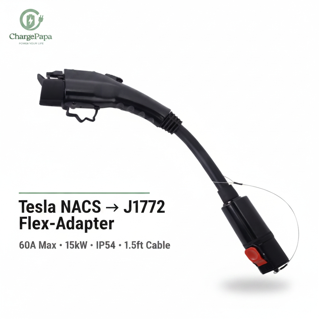 ChargePapa Omni-Link | Tesla to J1772 Flex-Adapter (60A Max / 1.5ft Cable)