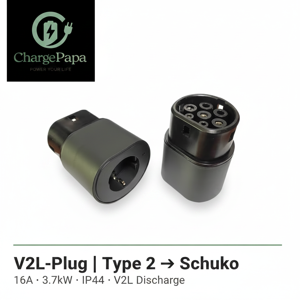 ChargePapa V2L-Plug Type 2 to Schuko discharge connector, 16A 3.7kW IP44, white background