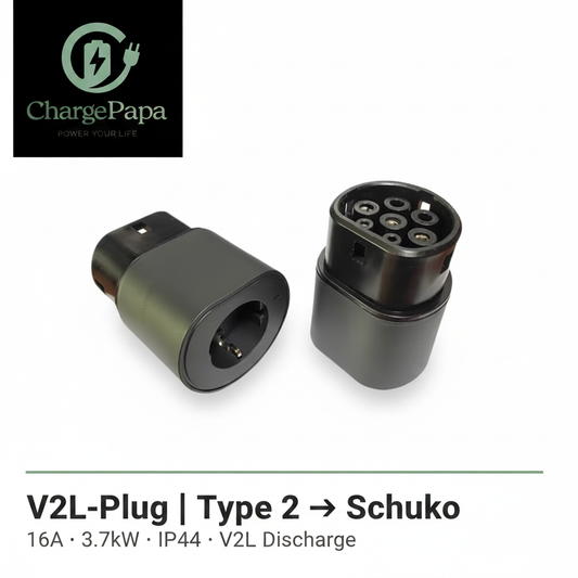 ChargePapa V2L-Plug Type 2 to Schuko discharge connector, 16A 3.7kW IP44, white background