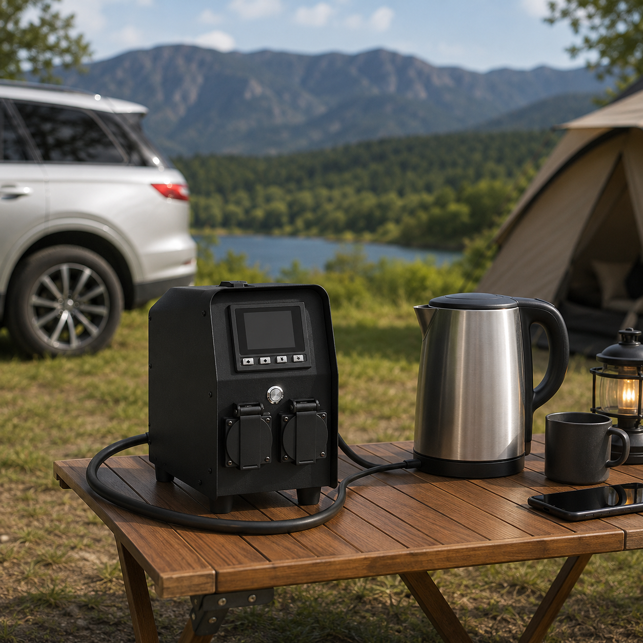 Portable power station with a kettle and mug on a camping table with a scenic background
