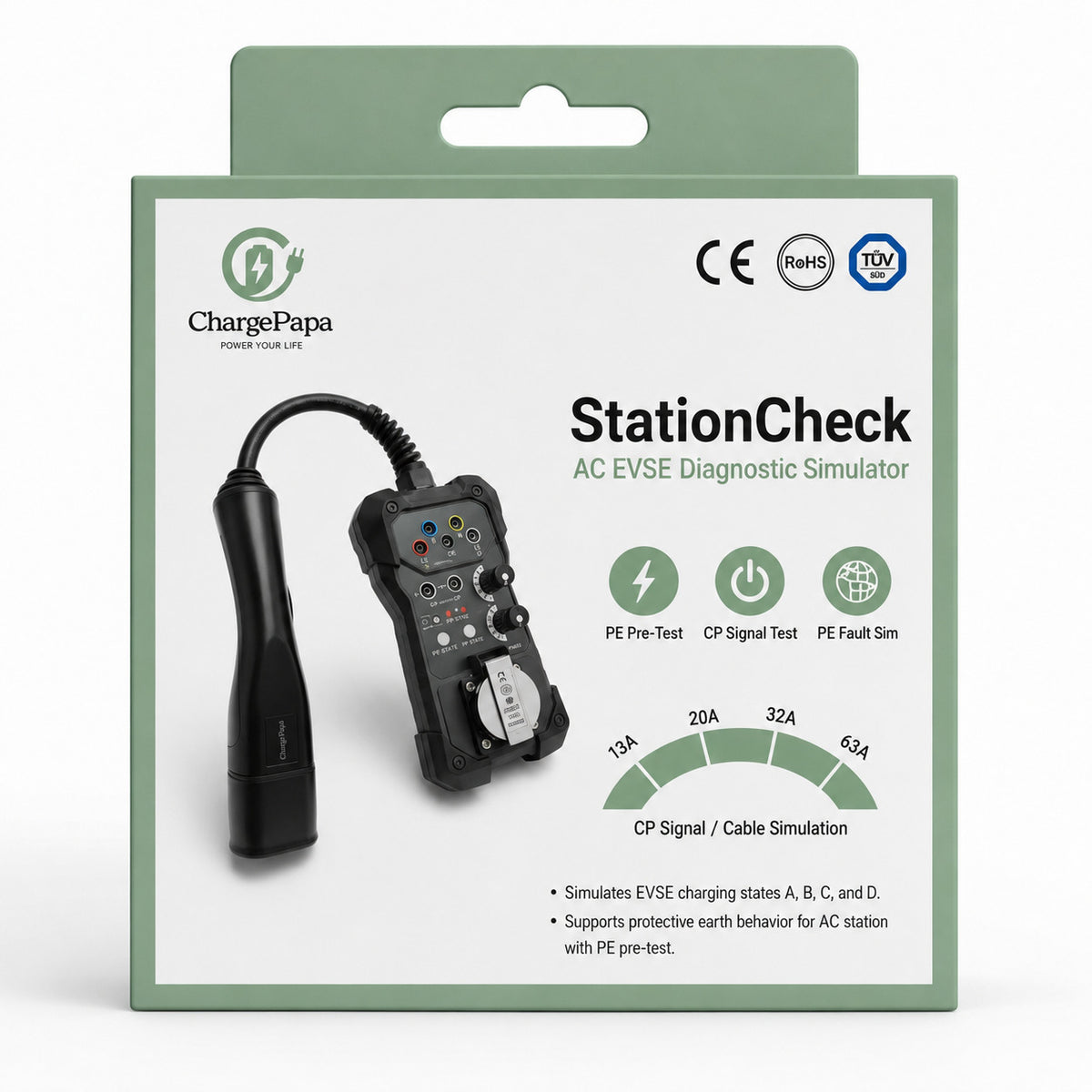 ChargePapa StationCheck AC EVSE diagnostic simulator for J1772 Type 2 and NACS AC testing