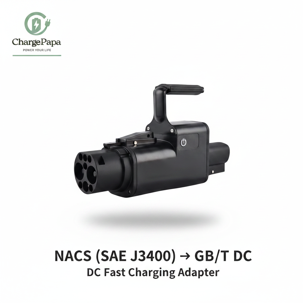 DC fast charging adapter with 'ChargePapa' branding on a white background