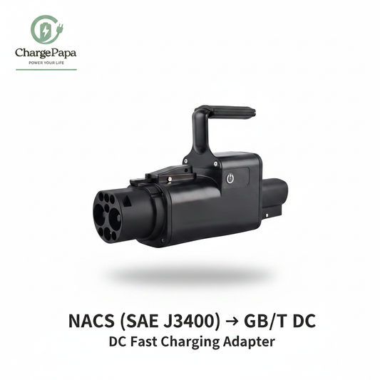 DC fast charging adapter with 'ChargePapa' branding on a white background