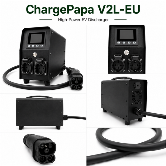 ChargePapa V2L-EU high-power EV discharger with multiple views on a white background