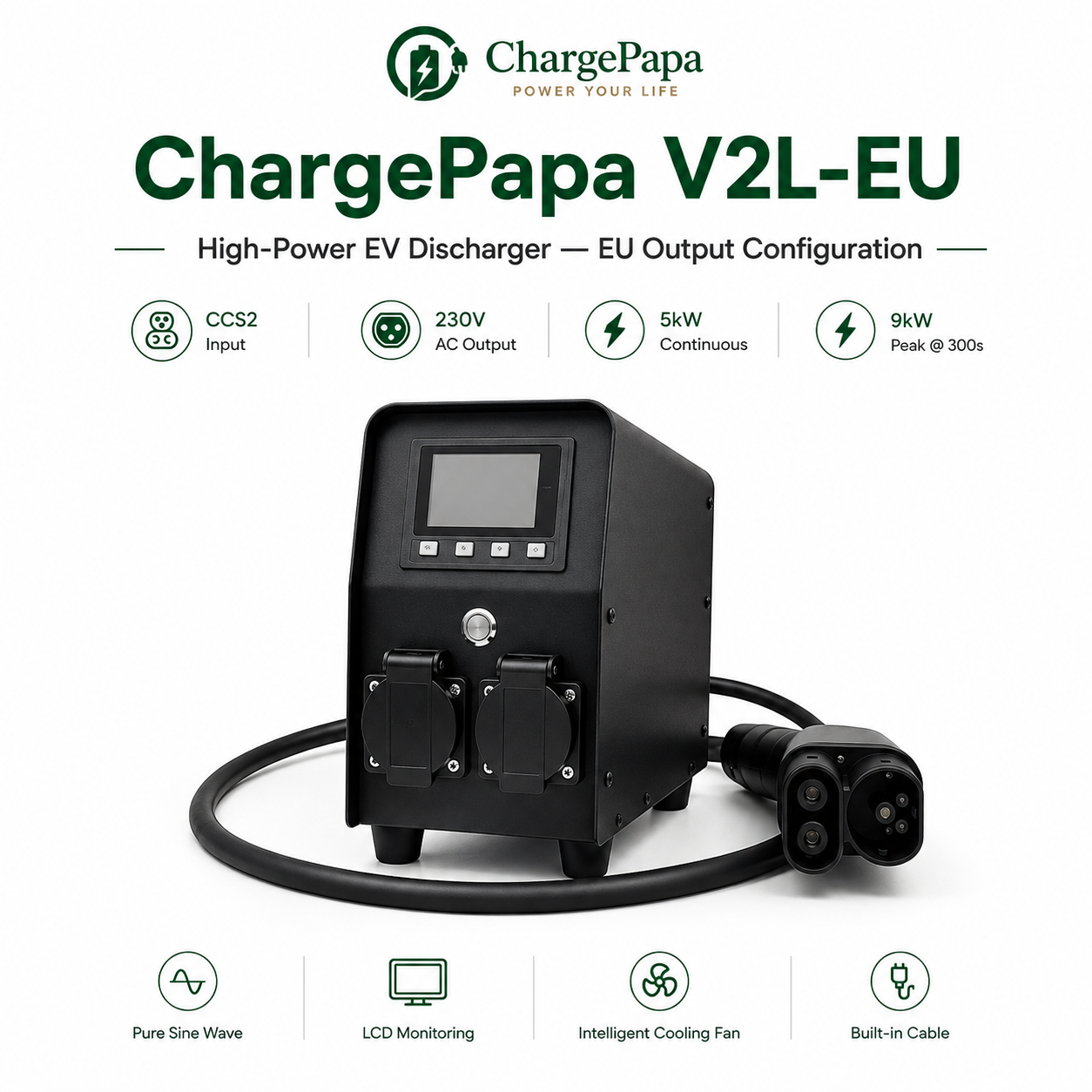 ChargePapa V2L-EU high-power EV discharger with features listed on a white background