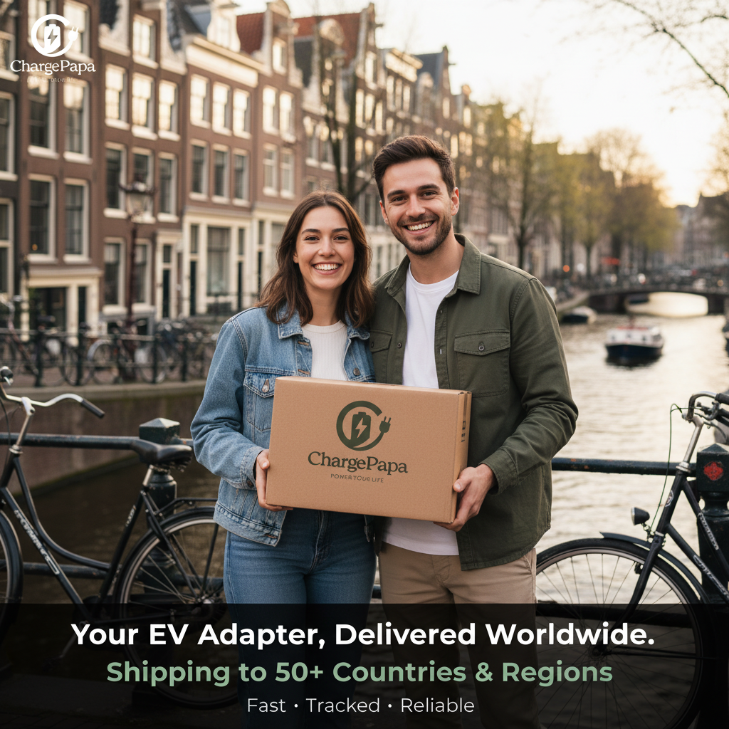 ChargePapa EV charging adapter worldwide shipping — Amsterdam delivery scene