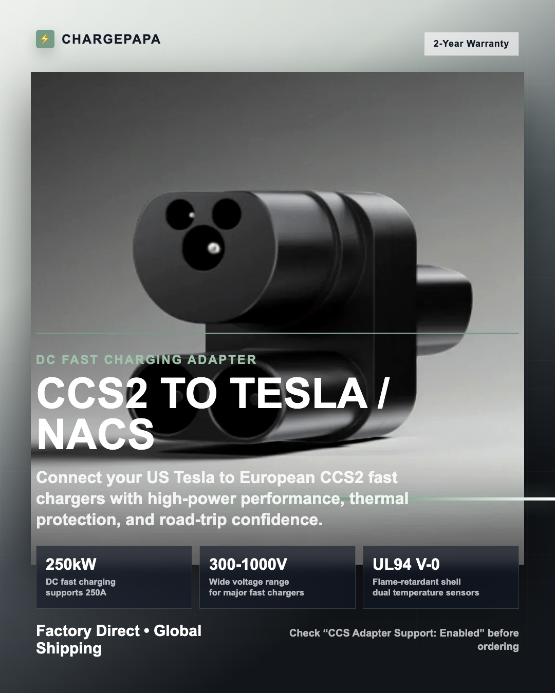 DC fast charging adapter for CCS2 to Tesla/NACS with product details on a gray background.