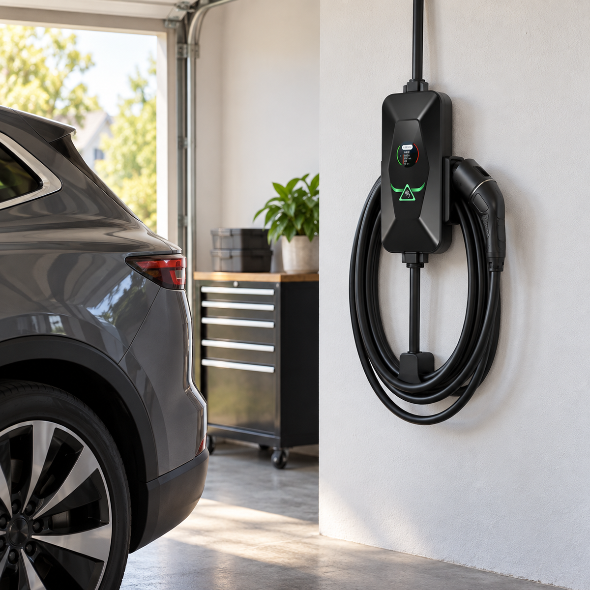ChargePapa MRS-GA2 portable GB/T charger stored on a residential garage wall