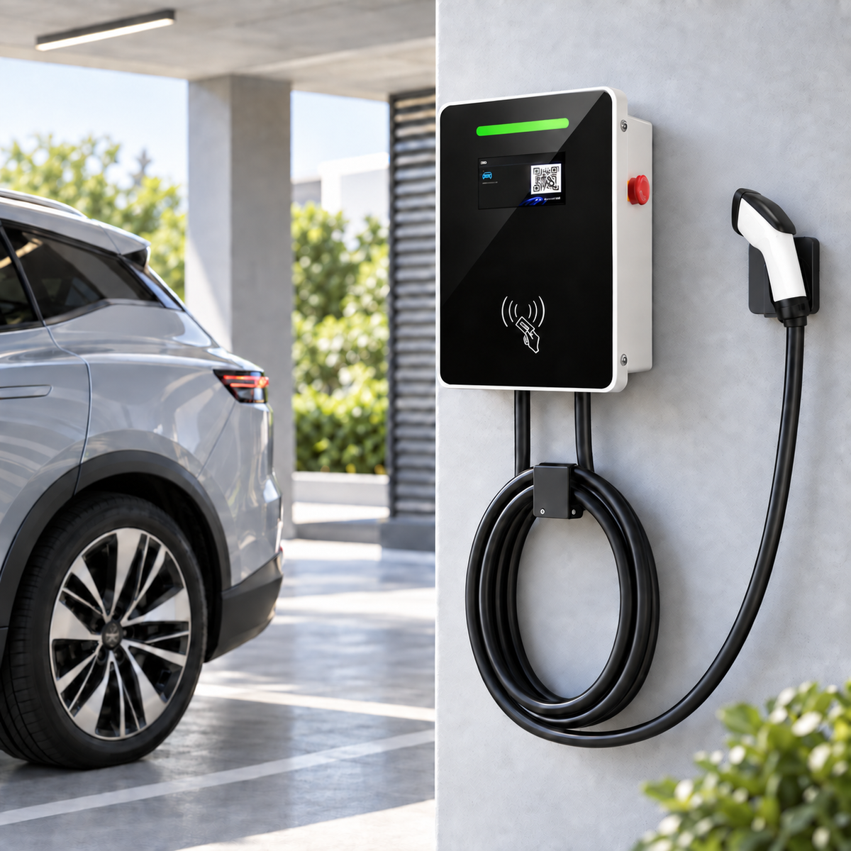 ChargePapa MRS-GJ GB/T AC charging station — side-view docked gun installation scene