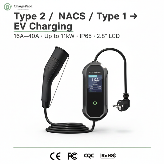 ChargePapa T1A Type 2 to EV charging adapter, 40A 240V, white background