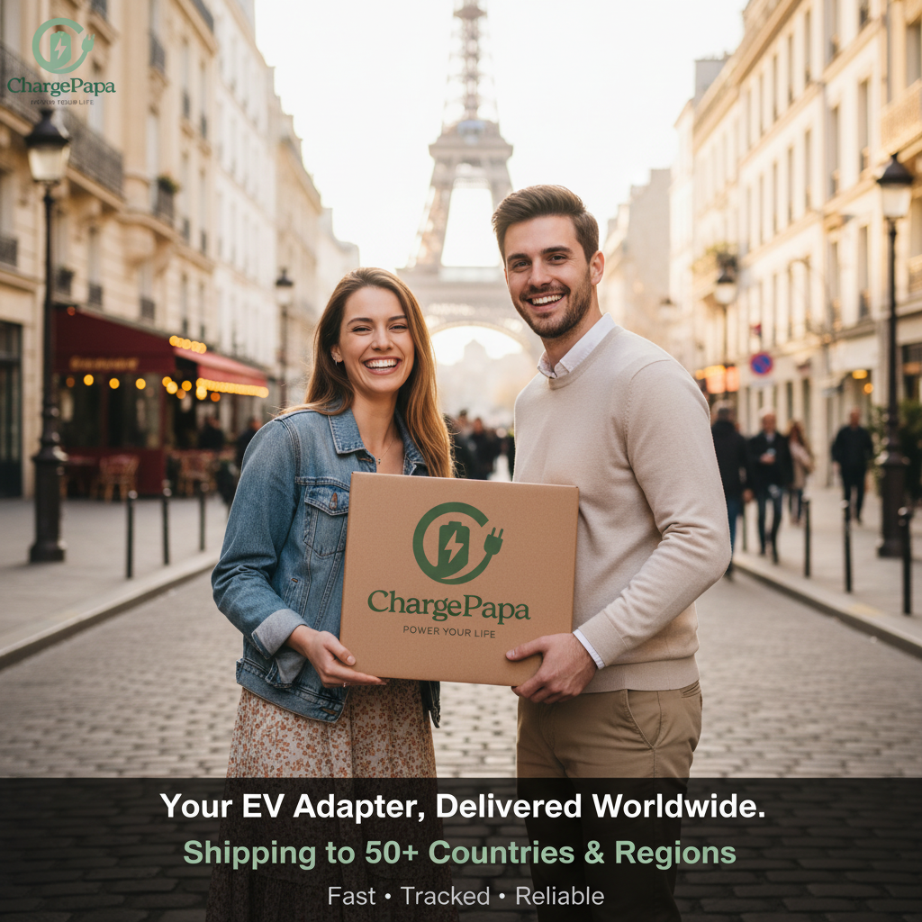 ChargePapa EV charging adapter worldwide shipping — Paris France delivery scene