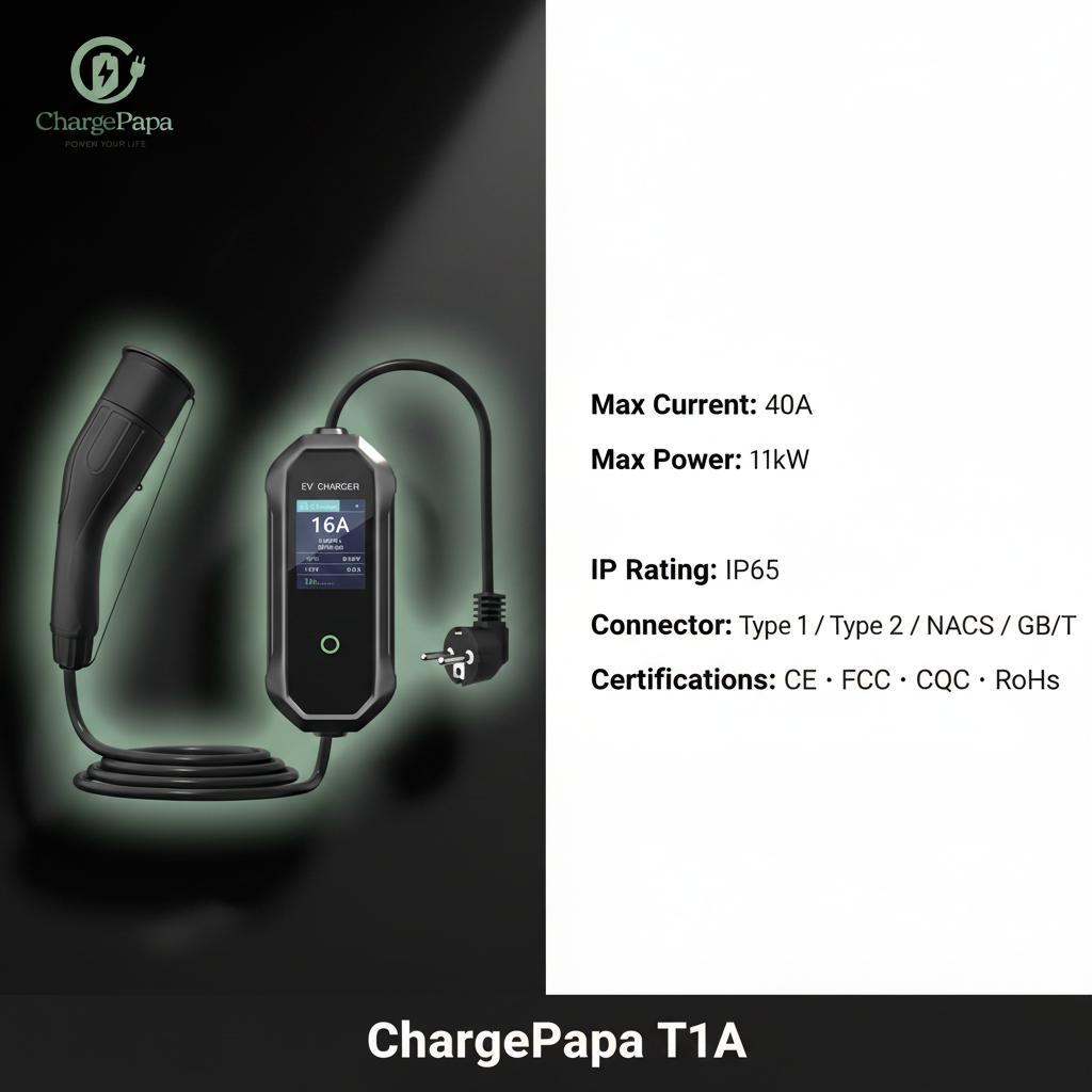 ChargePapa T1A spec sheet — 40A max current, SAE J1772 IEC 62196-2 NACS, IP65