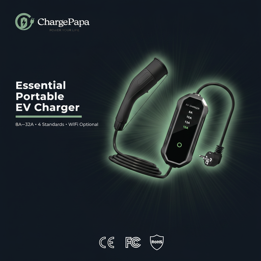 ChargePapa T1B EV charging adapter on dark background, CE FCC RoHS certified