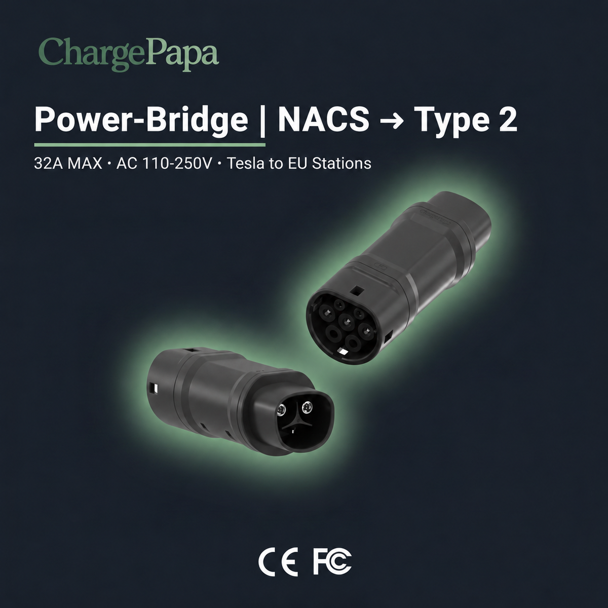 ChargePapa Power-Bridge NACS to Type 2 Adapter 32A dark product poster — Standard Character Mark