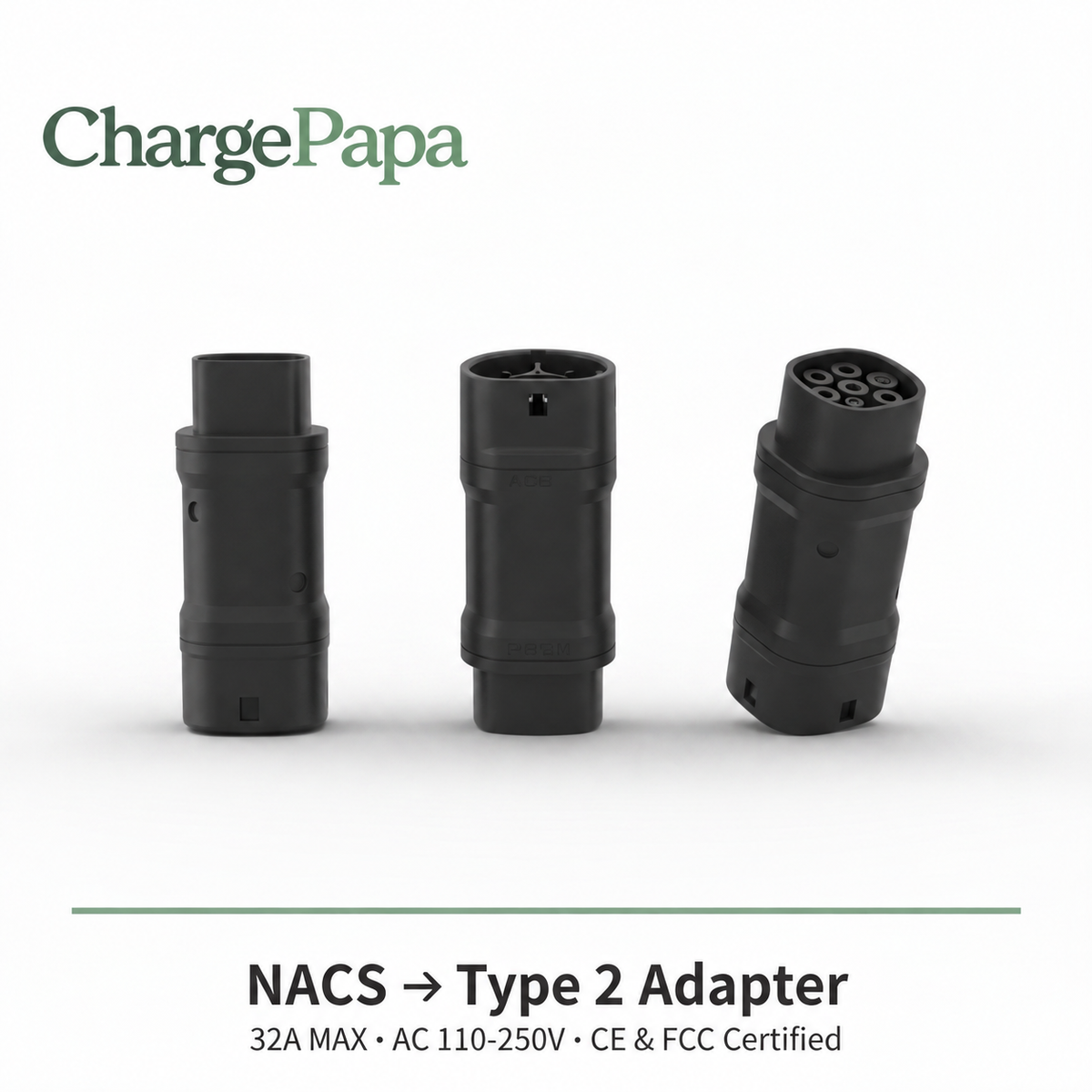 ChargePapa Power-Bridge NACS to Type 2 Adapter multi-angle product image — Standard Character Mark