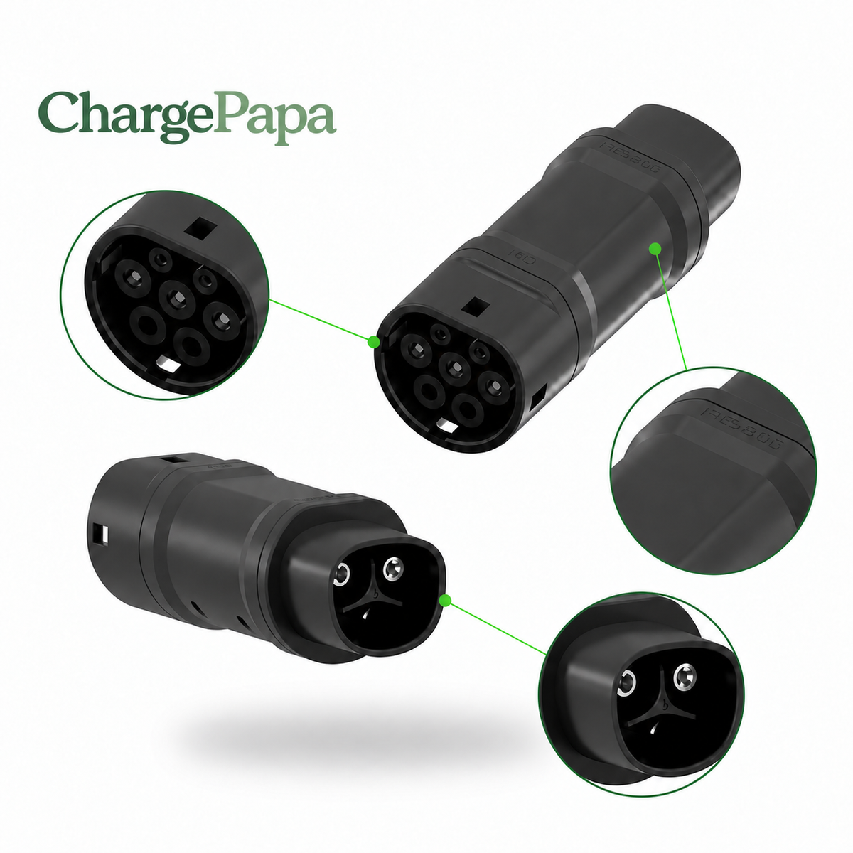 ChargePapa Power-Bridge NACS to Type 2 Adapter connector detail zoom — Standard Character Mark