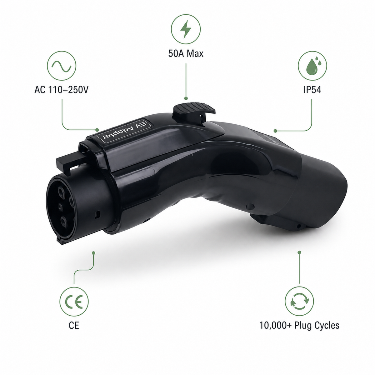 ChargePapa Omni-Link Tesla to J1772 right angle adapter 50A AC 110-250V IP54 CE core specs