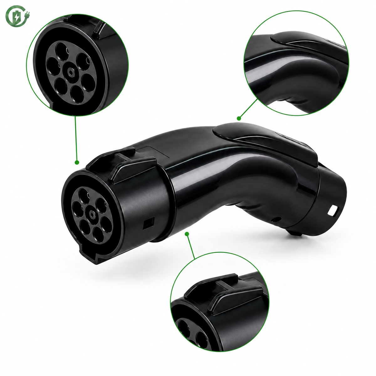 ChargePapa Omni-Link Type 1 J1772 to Type 2 Right Angle Adapter Pro connector and curved housing detail zoom product image