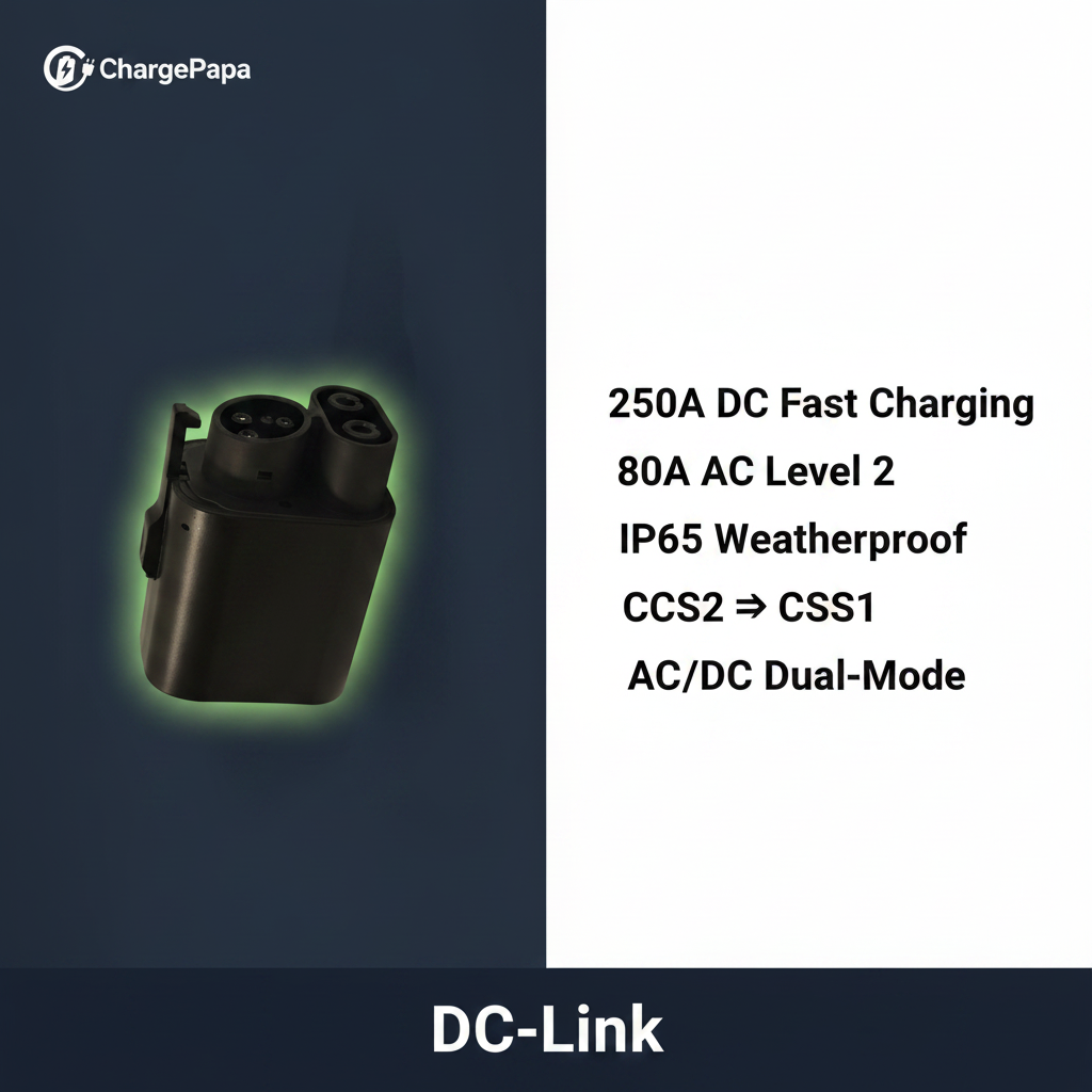 ChargePapa DC-Link | CCS2 to CCS1 AC/DC Dual-Mode Adapter (250A DC / 80A AC / IP65) Spec Infographic Poster