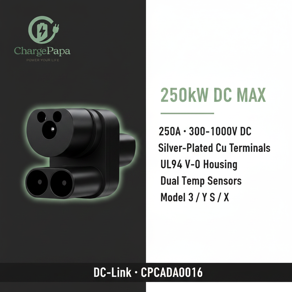 CCS2 to Tesla (NACS) DC Fast Charging Adapter (250kW)Spec Infographic