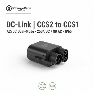 ChargePapa DC-Link | Adaptateur double mode CCS2 vers CCS1 AC/DC (250 A CC / 80 A CA / IP65)