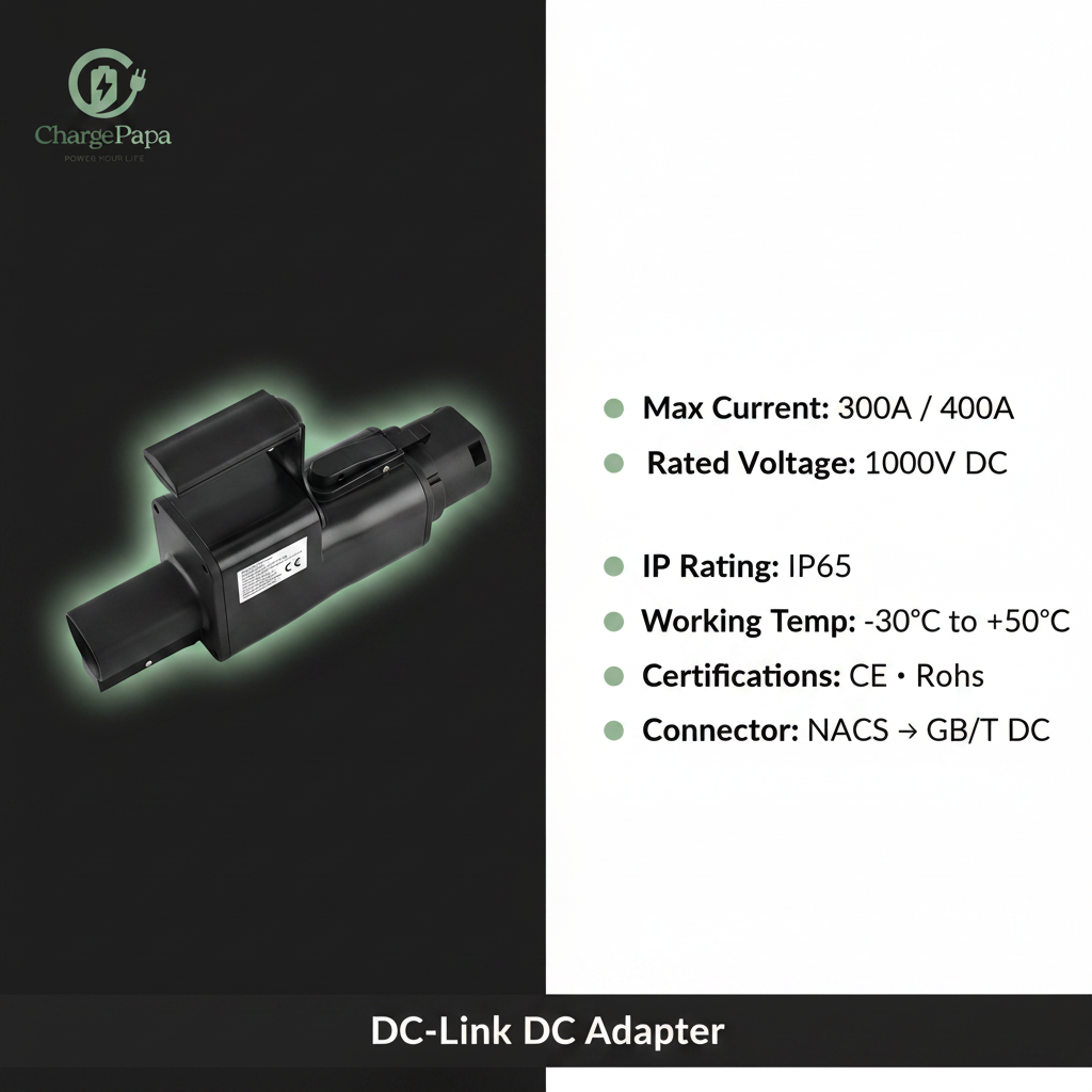 DC-link DC adapter with specifications on a black and white background
