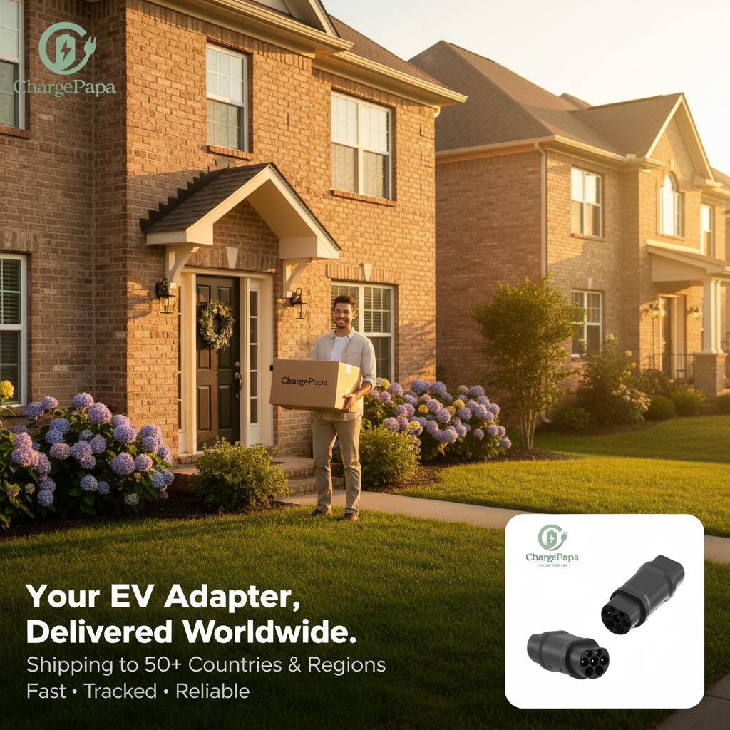 Man delivering a box labeled 'ChargePapa' in front of a house with EV adapter images on the side.