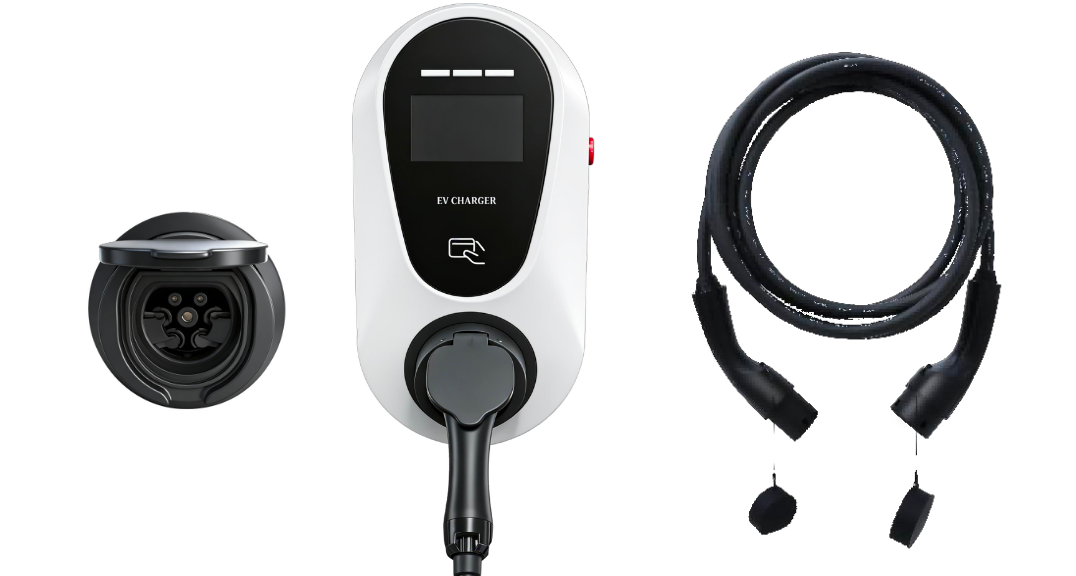 Electric vehicle charging cable set with display and connectors on a white background
