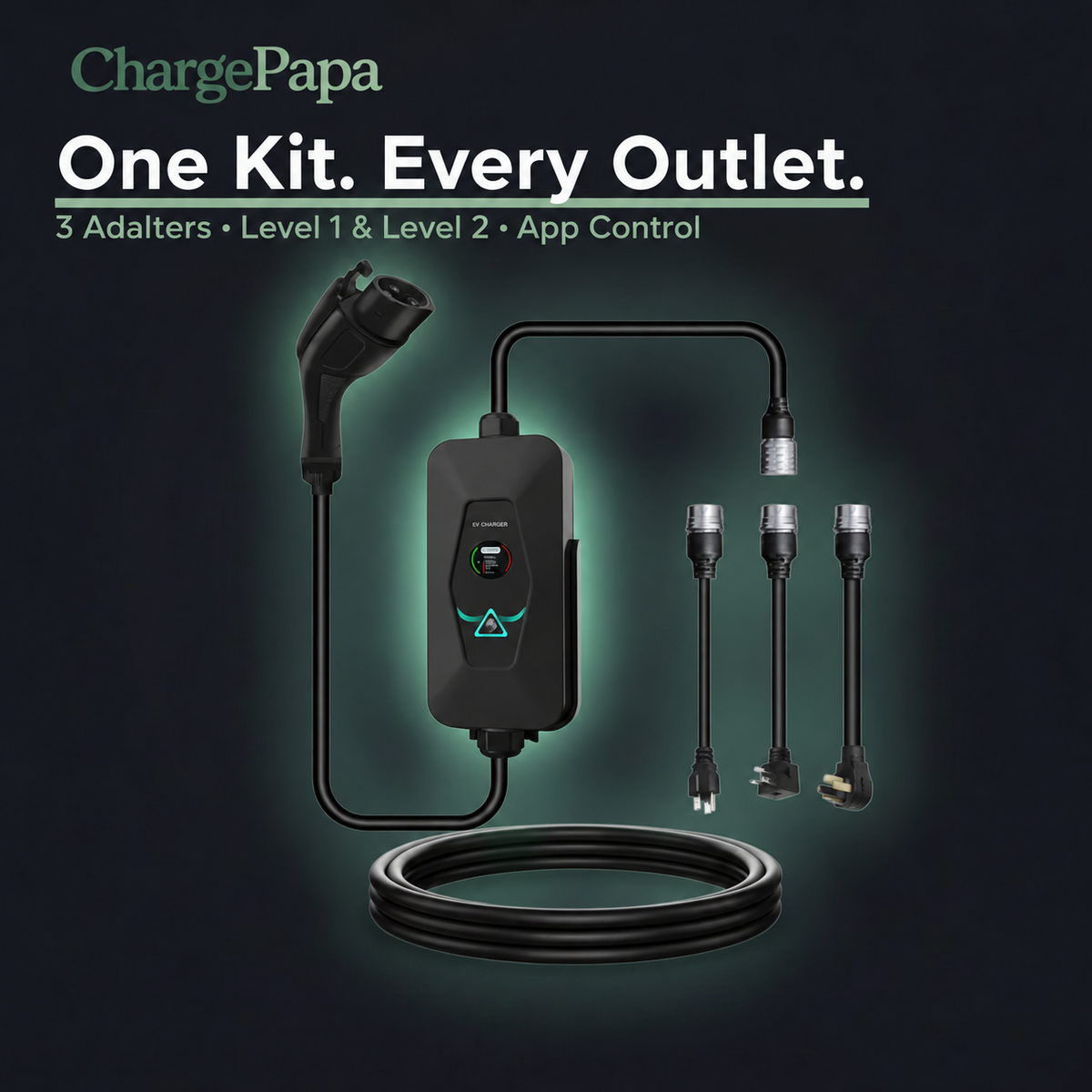 ChargePapa MRS-AA2 3-in-1 Type 1 EV charger kit dark product poster — Standard Character Mark