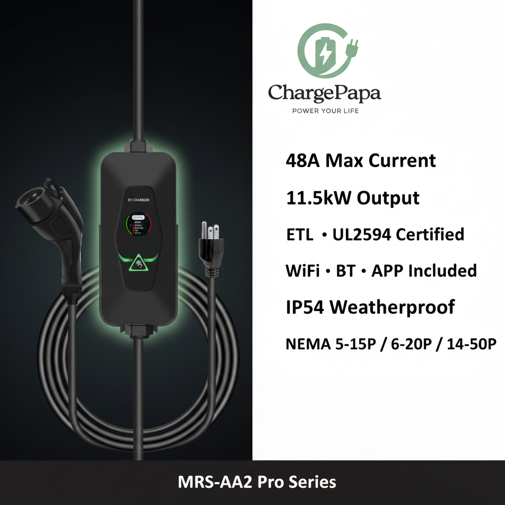 ChargePapa MRS-AA2 Pro | J1772 (Type 1) Portable & Wall-Mount EV Charger (1.92kW–11.5kW, WiFi/BT/APP)Pro Spec Infographic
