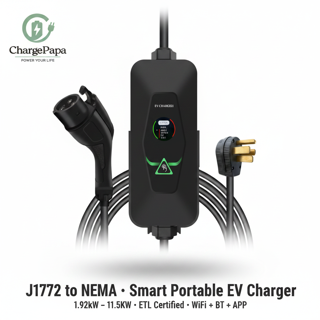 ChargePapa MRS-AA2 Pro | J1772 (Type 1) Portable & Wall-Mount EV Charger (1.92kW–11.5kW, WiFi/BT/APP) White Background Minimal Poster