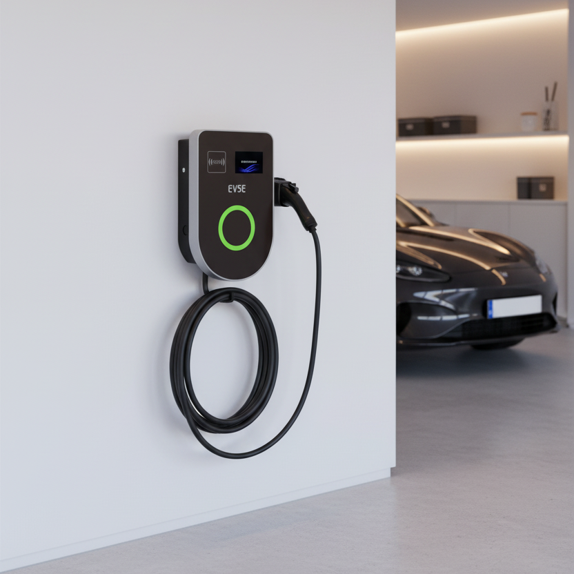 Electric vehicle charging station mounted on a wall with a car in the background.