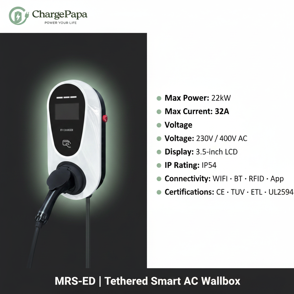 ChargePapa MRS-ED | 7kW-22kW Smart Home Wallbox (Type 2) Spec Infographic