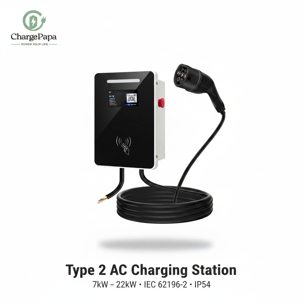 ChargePapa MRS-EJ | Commercial Level 2 EV Charging Station (Type 2, 7kW–22kW) White Background Minimal Poster