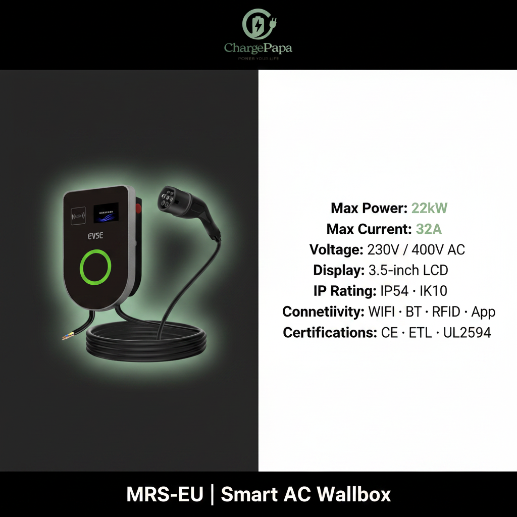 ChargePapa MRS-EU | 7kW-22kW Smart AC Wallbox (Type 2, WiFi/App/RFID) Spec Infographic