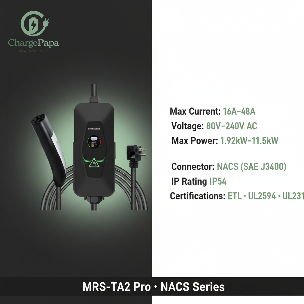 ChargePapa MRS-TA2 Pro | NACS (SAE J3400) Portable & Wall-Mount EV Charger (1.92kW–11.5kW, WiFi/BT/APP)