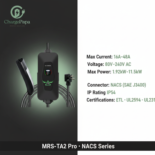 ChargePapa MRS-TA2 Pro | NACS (SAE J3400) Portable & Wall-Mount EV Charger (1.92kW–11.5kW, WiFi/BT/APP)