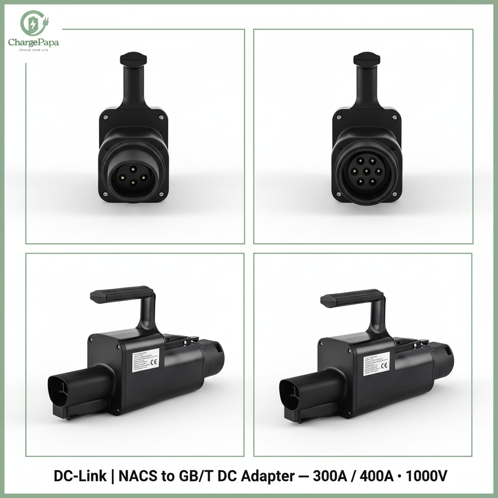 Four views of a black DC-link adapter with text indicating specifications on a white background.