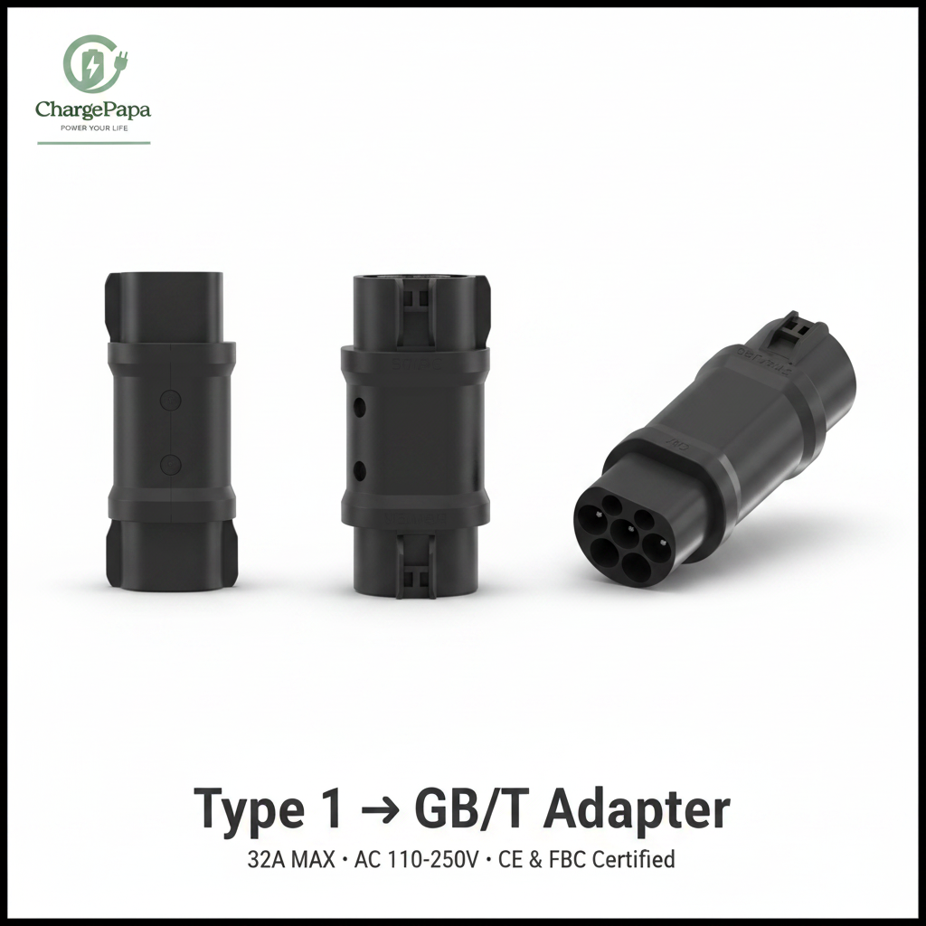 ChargePapa Power-Bridge | Type 1 to GB/T Adapter (32A / AC 110-250V) Multi-angle