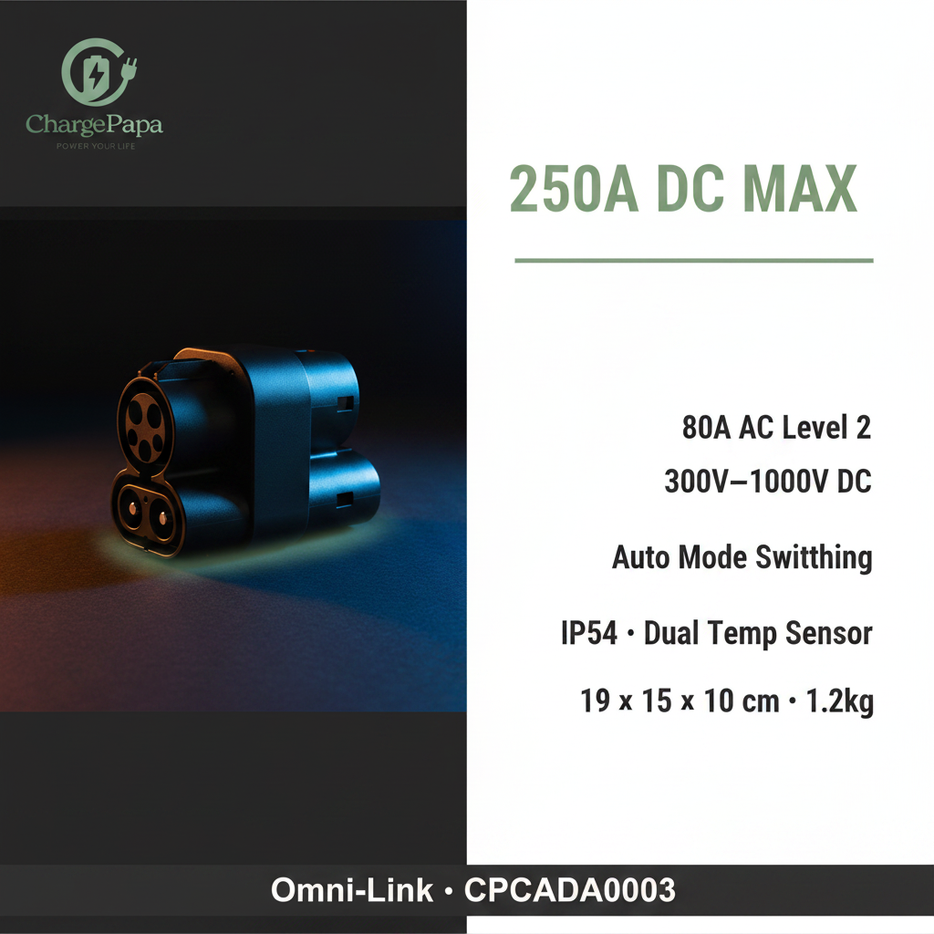 DC-Link | CCS1 to CCS2 AC/DC Dual-Mode Adapter (250A DC / 80A AC) Spec Infographic
