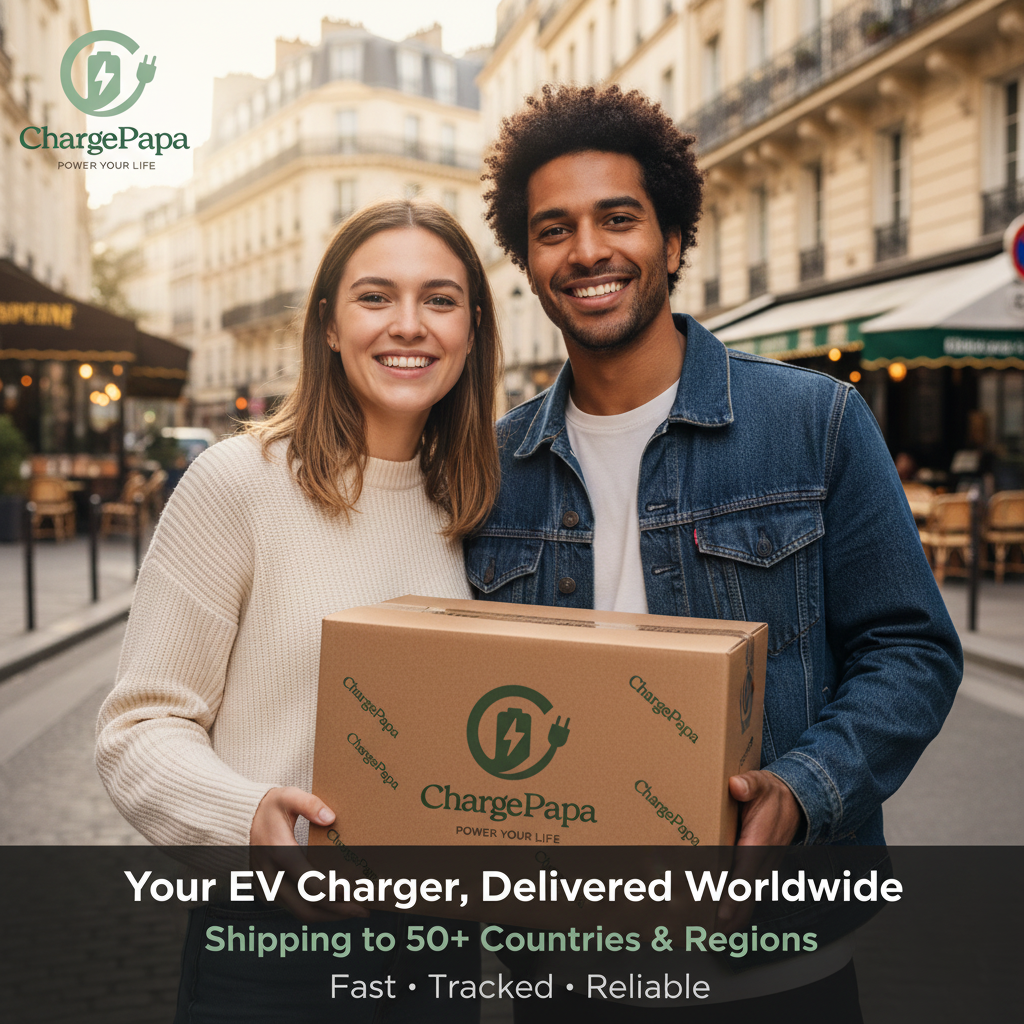 ChargePapa EV charging adapter worldwide shipping — Paris delivery scene