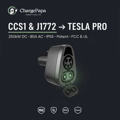 ChargePapa Tesla-Link | Adaptador Doble Modo 2 en 1 CCS1 y J1772 a Tesla Pro · Construcción Premium
