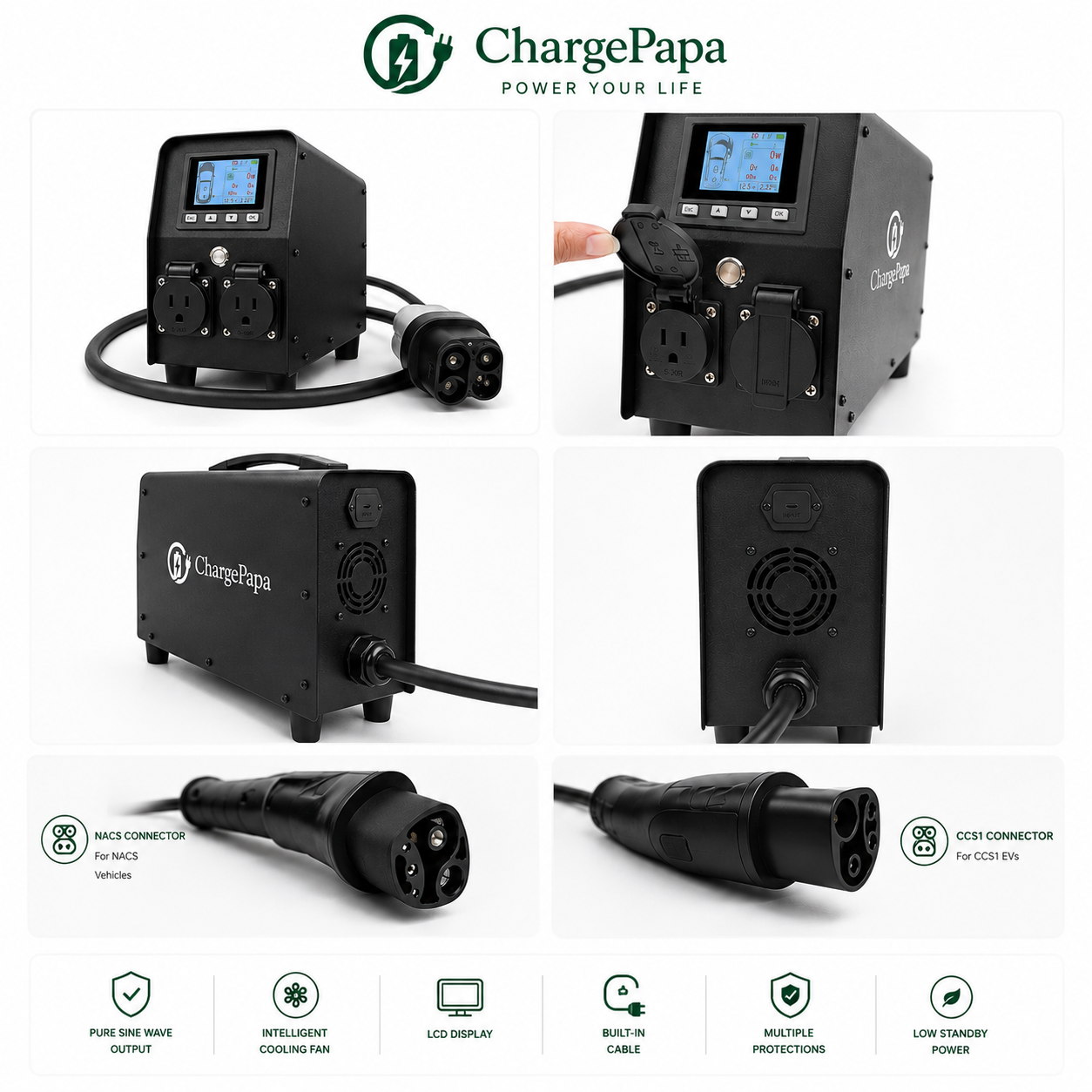 Collage of ChargePapa power inverters and connectors on a white background